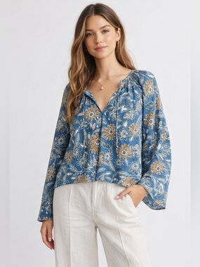 Cleobella Blue Bloom Floral V-Neck Peasant Blouse Large Boho Artisan Feminine